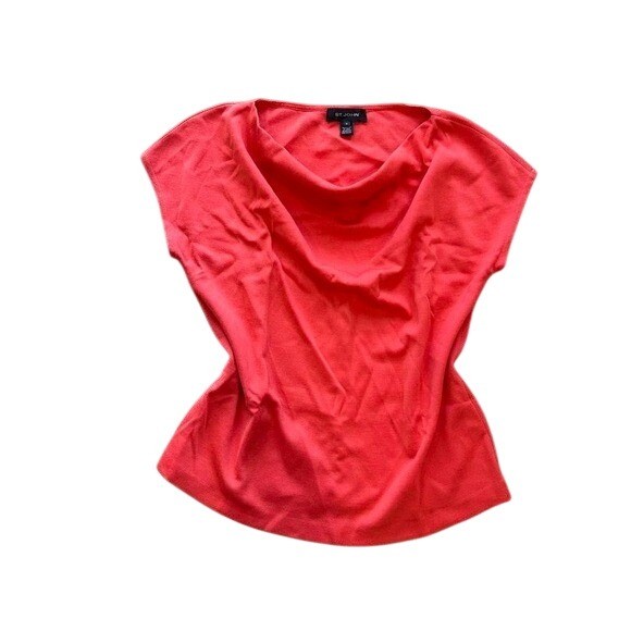 St John Cap sleeve cowl neck wool blend bright coral M luxury old money coastal