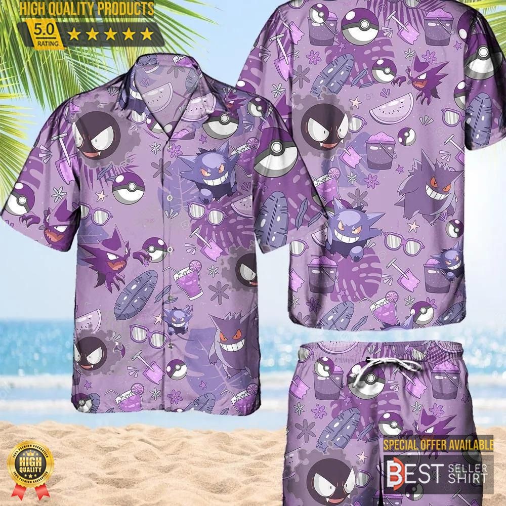 Pokemon Gengar Hawaiian Pattern Hawaii Shirt Aloha Anime Gastly Button Up Shirt