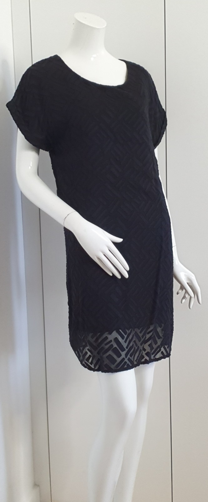 MESOP Sz 10-12 Silk Overlay Shift Dress Cuffed S/Sleeve Black Minimal/Classic