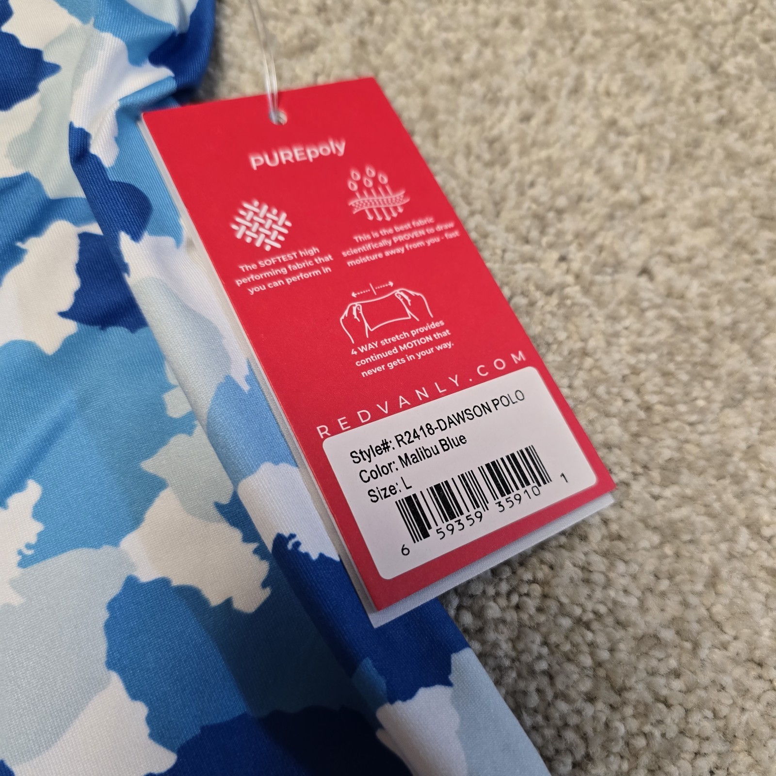 Redvanly Dawson Polo Shirt Large Malibu Blue Camo Golf Athletic Performance NWT