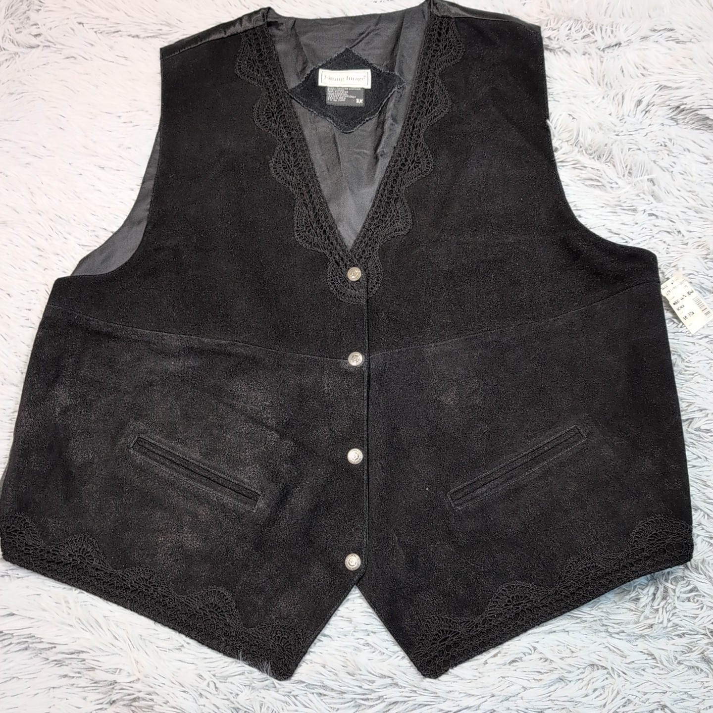 Vintage Fitting Image Vest Womens 2X Black Leather Snap Up Lace Cowgirl New
