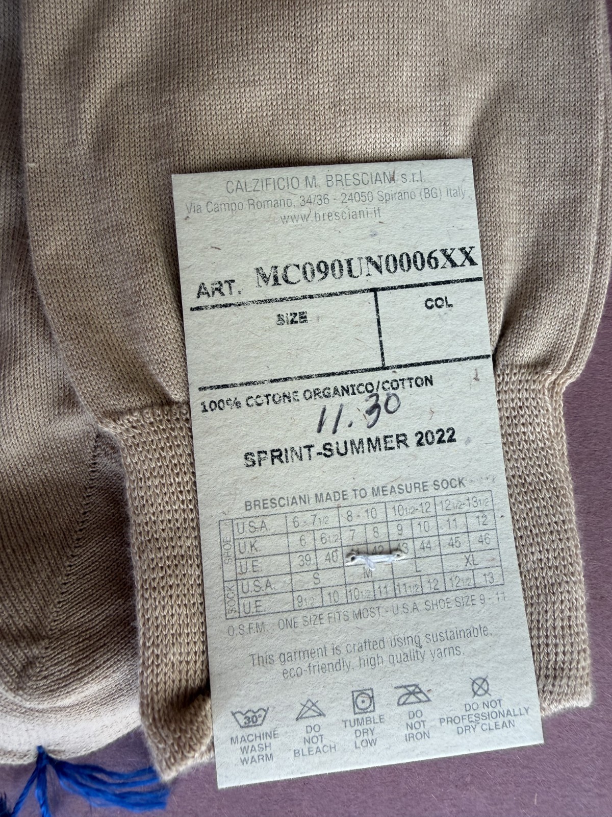 Spring/Summer 2022 Men’s Bresciani Socks NWT Cotton Tan/Cream Solid