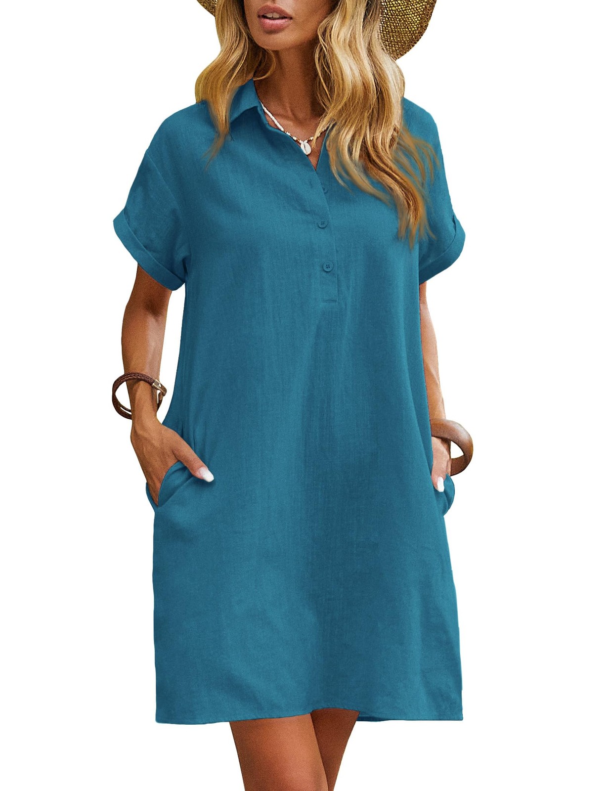 Zeagoo Women T Shirt Sundress Knee Length Dress Nightgown with Pockets Blue L