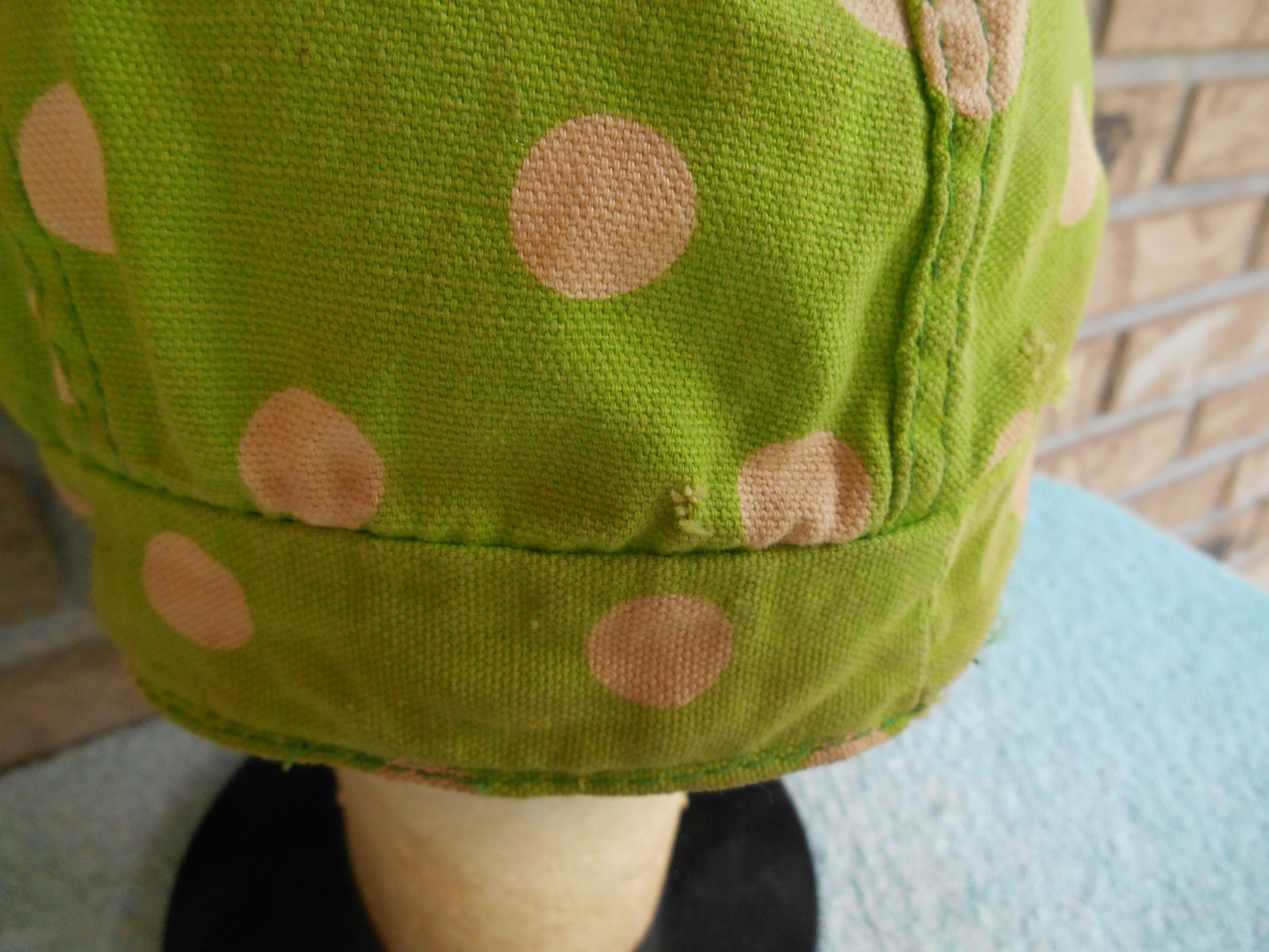 Vintage COTTON WELDERS CAP. GREEN & WHITE DOTS. SIZE SMALL 6-7/8. HAS HOLES!