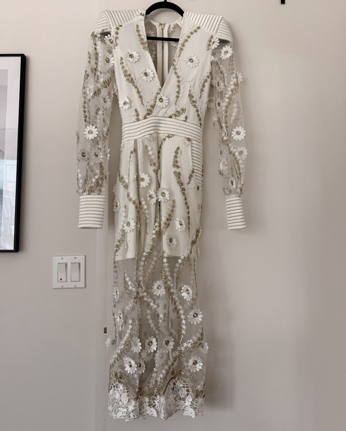 ZHIVAGO White Floral Embroidered Lace Sheer Maxi Dress V-Neck Zip Size 2