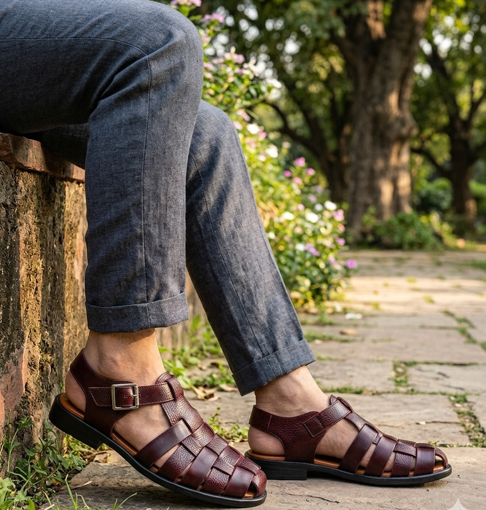 Mens Burgundy Leather Fisherman Sandals Woven Gladiator Summer Beach Shoes Maron