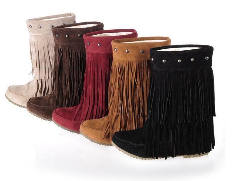 Fringes Womens Rivet Tassel Round Toe Hidden Wedge Mid Calf Boots Pull on Shoes