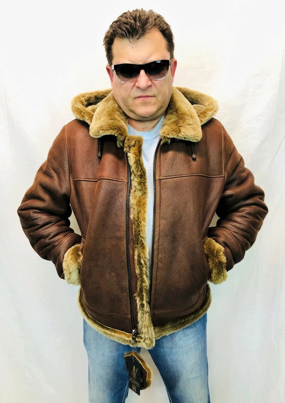 Men’s Genuine Whiskey Sheepskin Shearling Leather Bomber B3 Pilot Coat Jacket