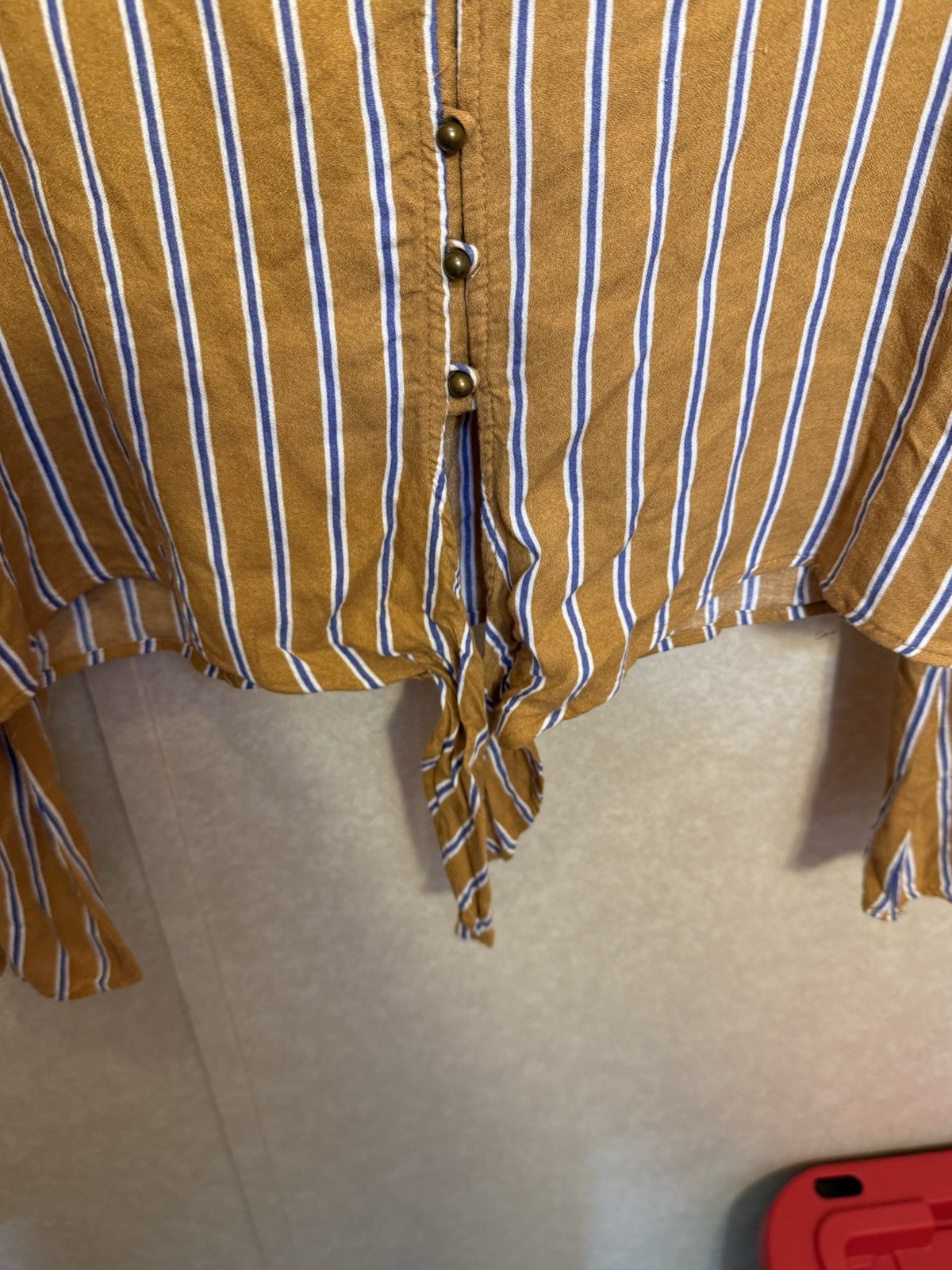 Urban Romantics Blouse Women’s Medium Orange Blue Button V-Neck Stripe Crop Top