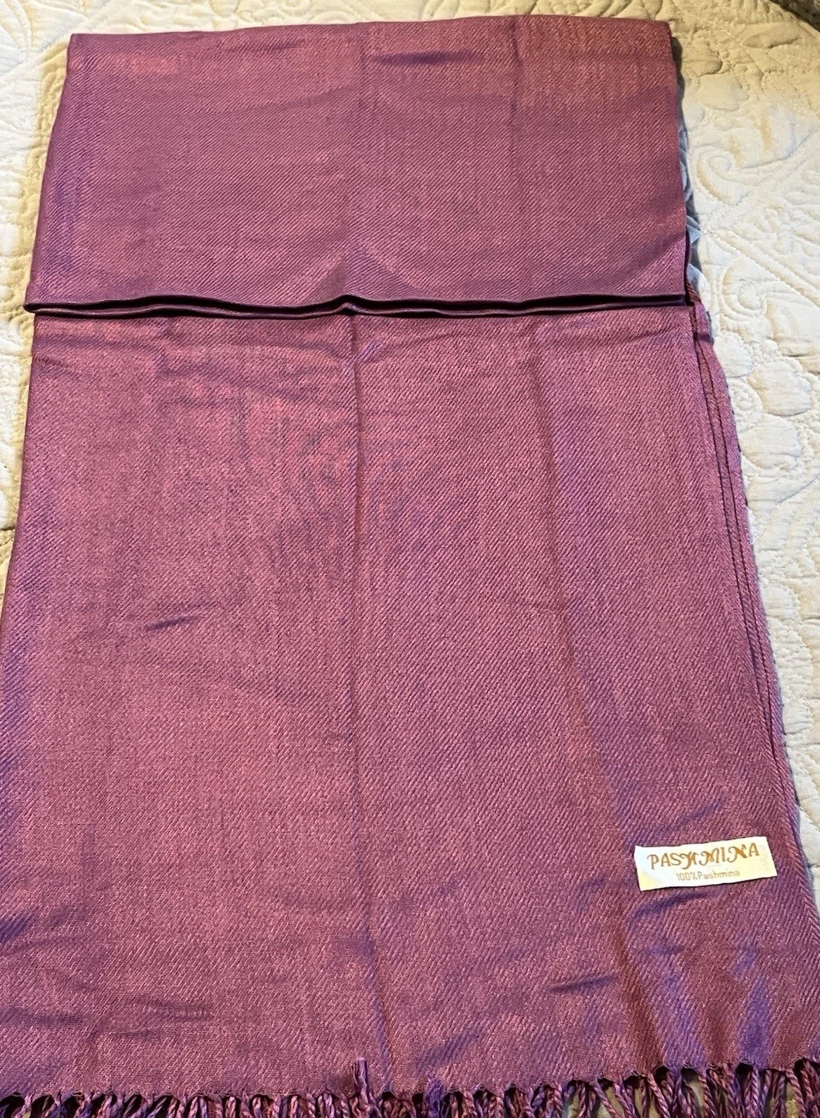 100% Pashmina Scarf Wrap Shawl Purple Sheen 4” Fringe 69”x 27.5” Approx Tag New