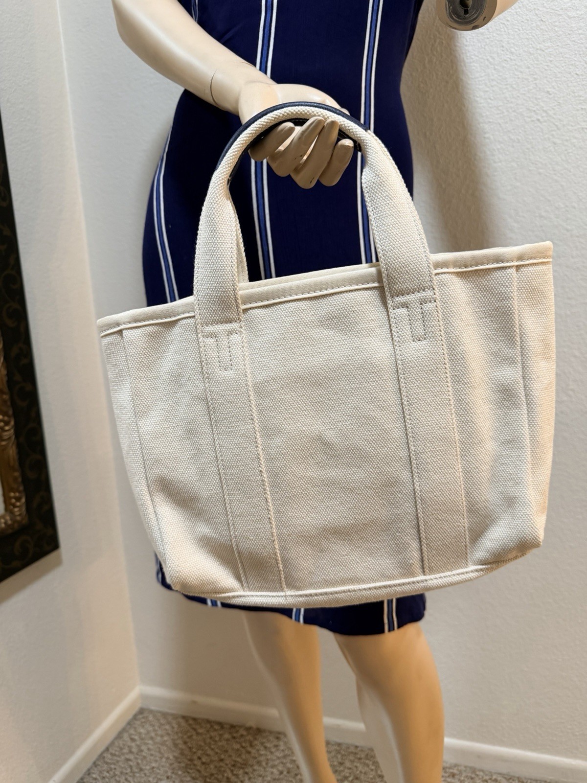 Tory Burch Women’s Beige Canvas Logo Tote Bag Top Handle, Beige Strap