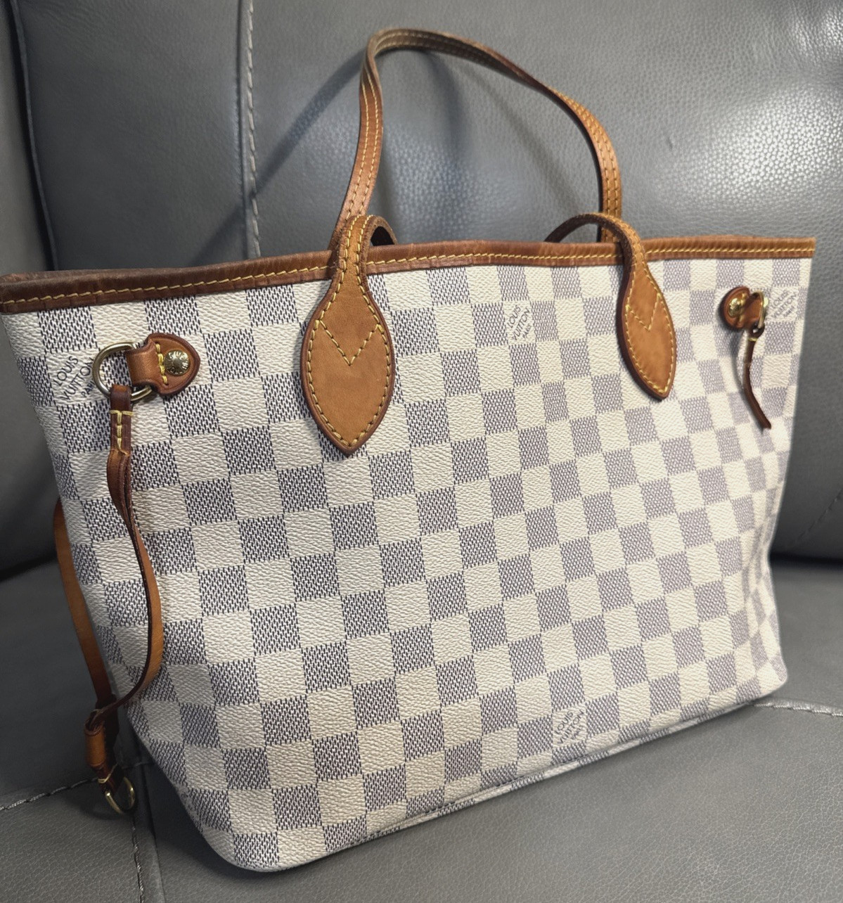 Authentic Louis Vuitton Neverfull PM Damier Azur Canvas Tote Shoulder Bag
