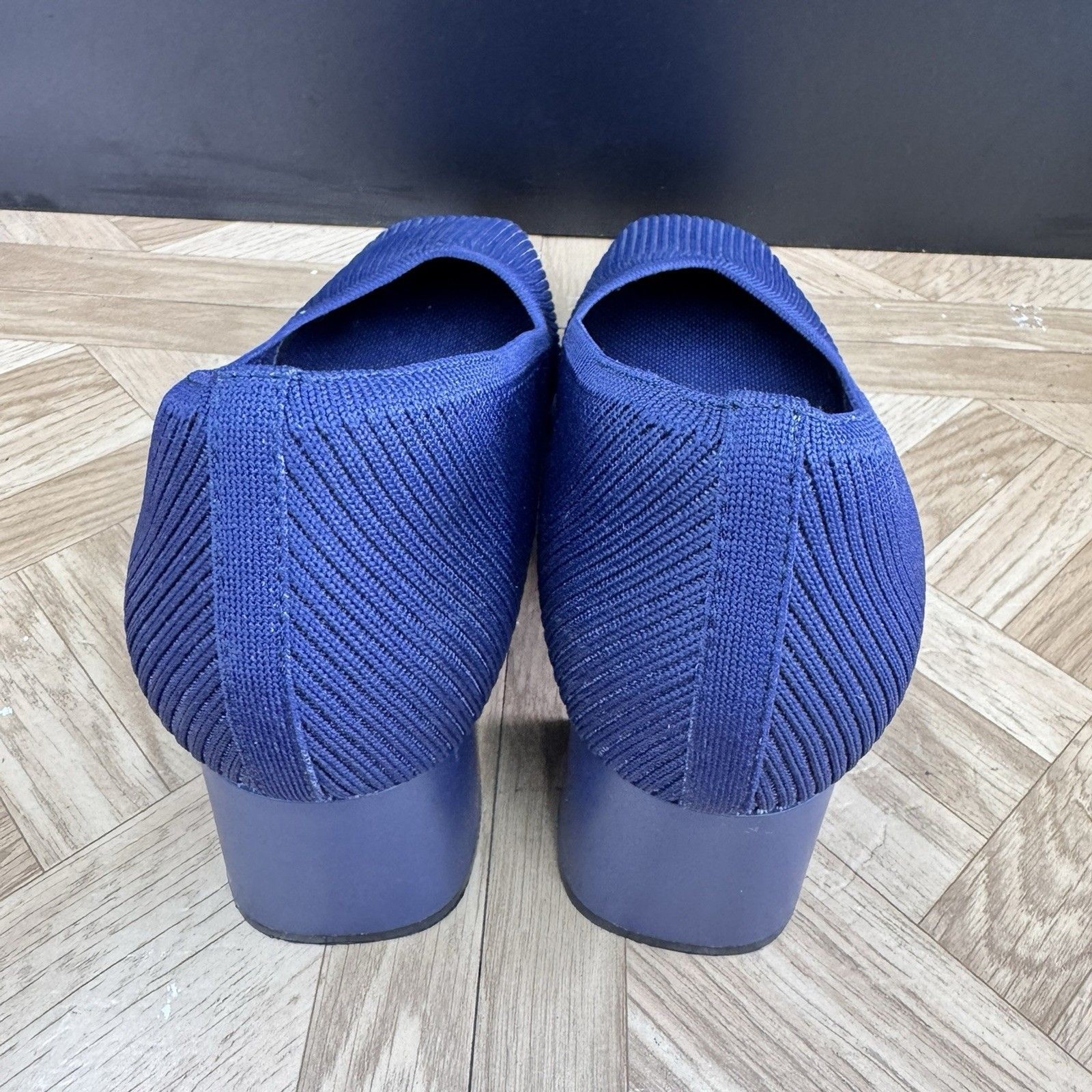 BURUDANI Low Chunky Block Heel Square Toe Knit Blue Pump Shoes Sz 8.5
