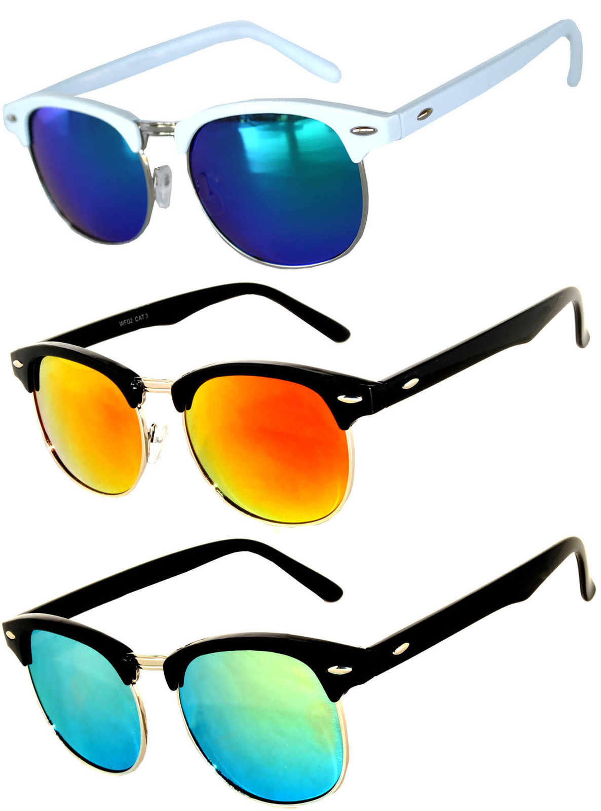 Set of 3 Half Frame Semi Rimless Horn Rim Sunglasses White Black Frame Mirror