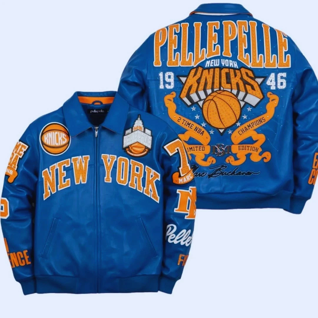 Premium Blue Leather Knicks Jacket New York Basketball Theme Winter Bomber Size