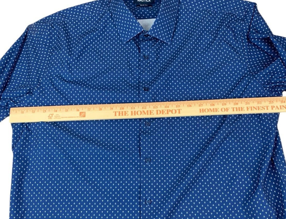 Nautica Slim Fit Men’s Button Up Shirt, Navy Blue, Anchors Print, Size Large
