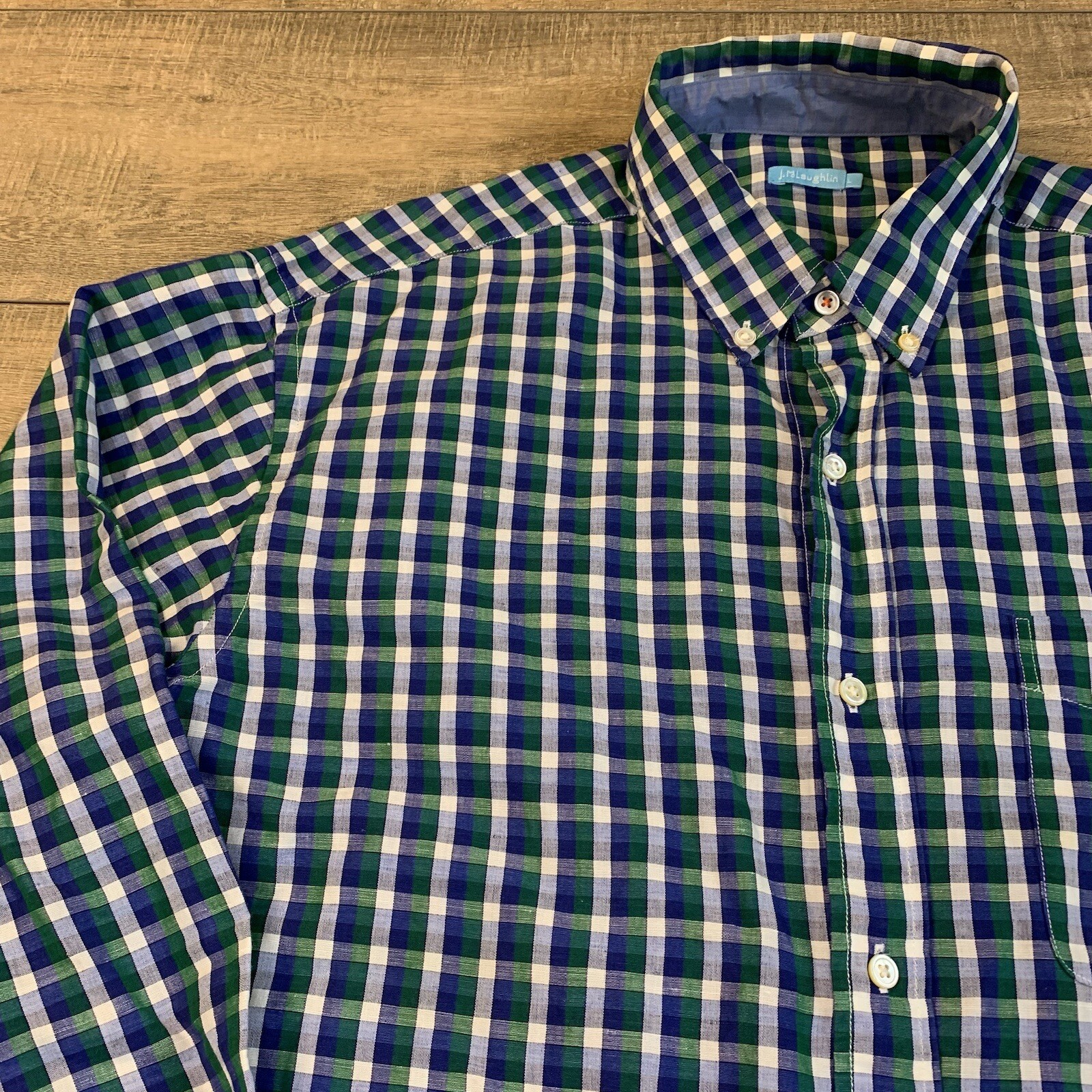 J McLaughlin Mens Long Sleeve Button Up Shirt Size Large 52% Linen Check B16