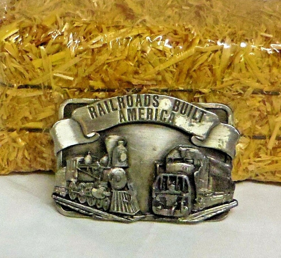 Railroads Built America 3×2.25in Locomotives pewter buckle Siskiyou Made in USA