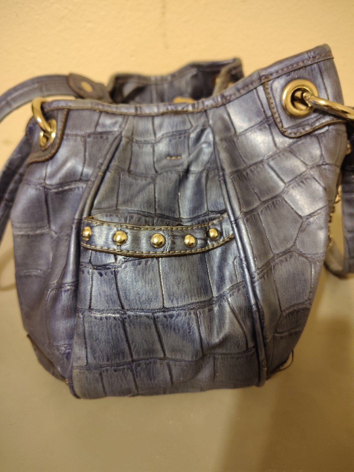 Kathy VanZeeland Metallic Silver Croc-Embossed Handbag with Crest Emblem