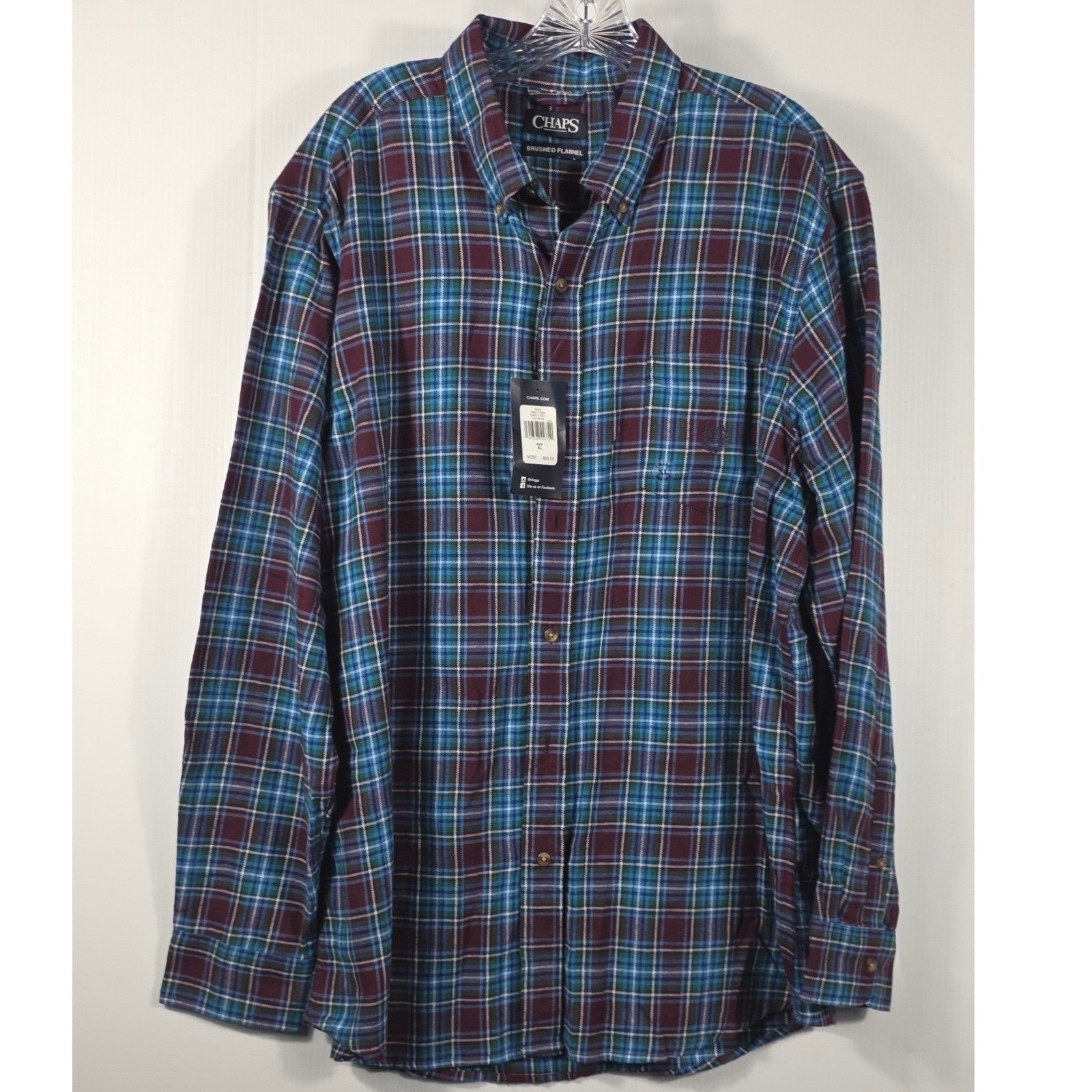 Chaps Mens XL Brushed Flannel Plaid Shirt Burgundy Teal Blue NWT 750627123001