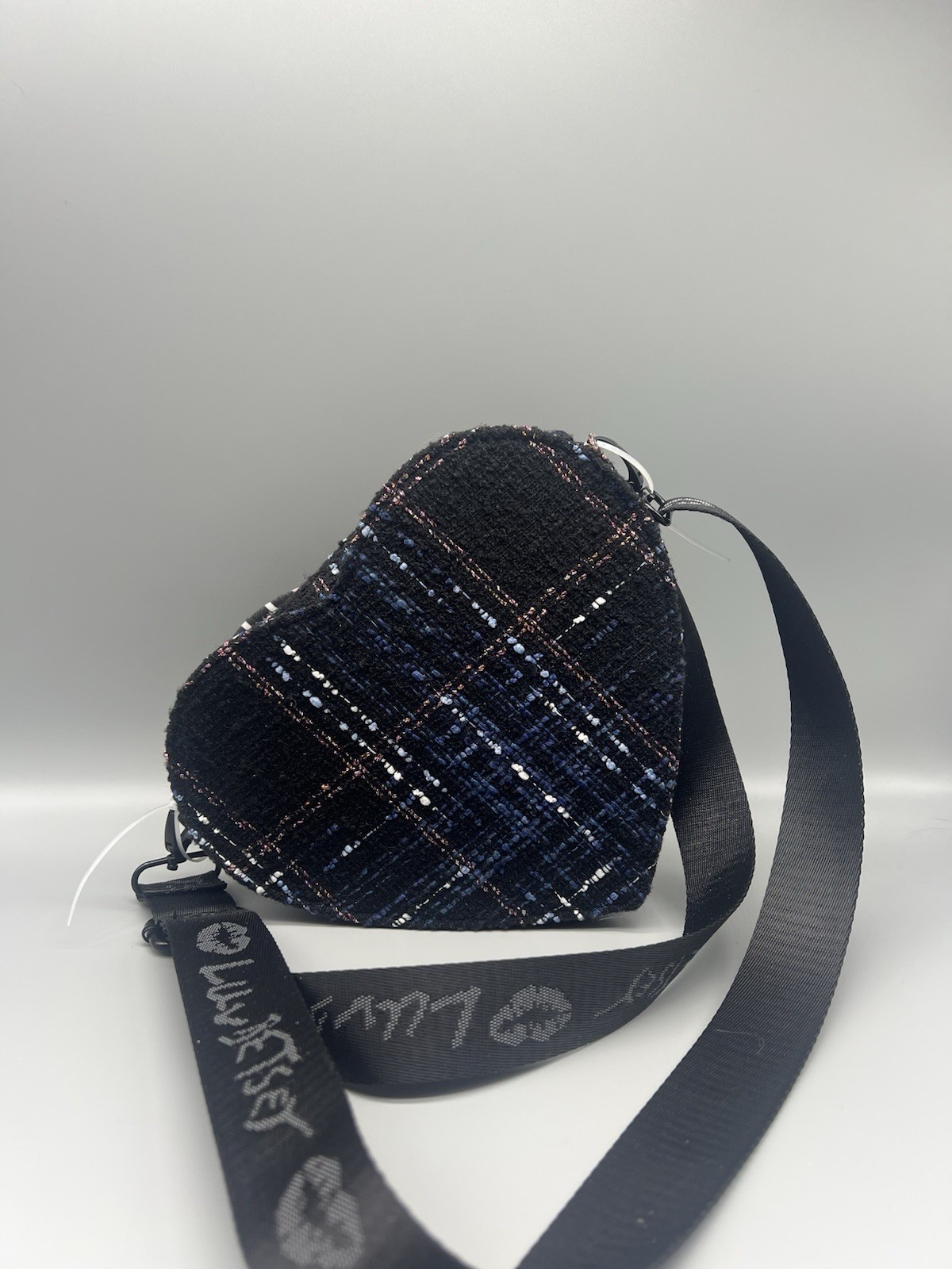 Luv Betsey by Betsey Johnson Heart Plaid Tweed Crossbody Bag Black Multi NEW