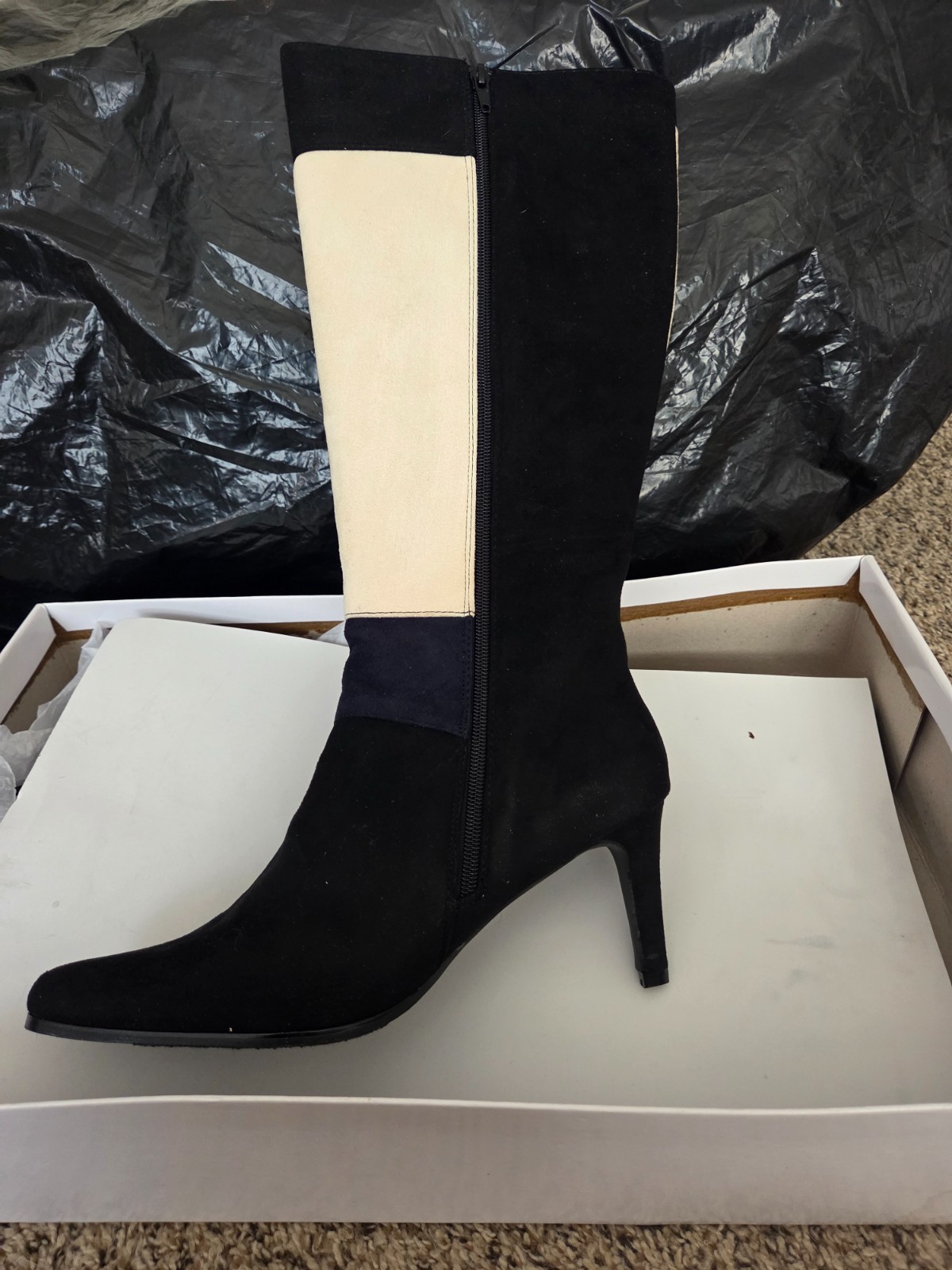 ASHRO Navy/Cream/Black Patchwork Knee High Heeled Boot