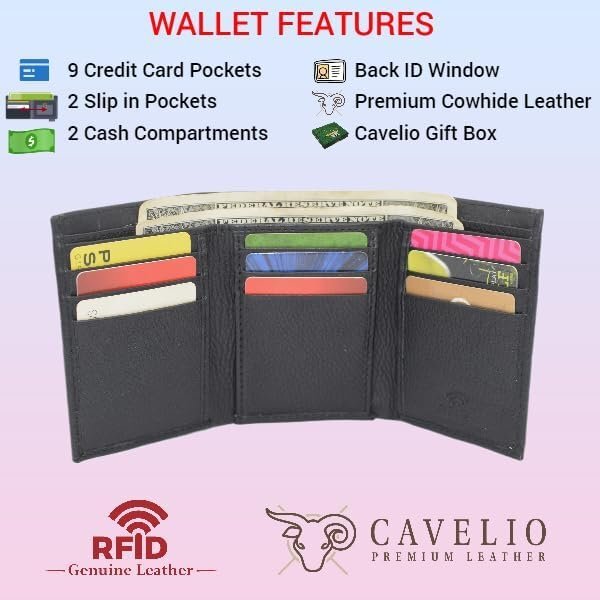 Cavelio Genuine Leather Mens RFID Blocking Slim Trifold Wallet Back ID Window…