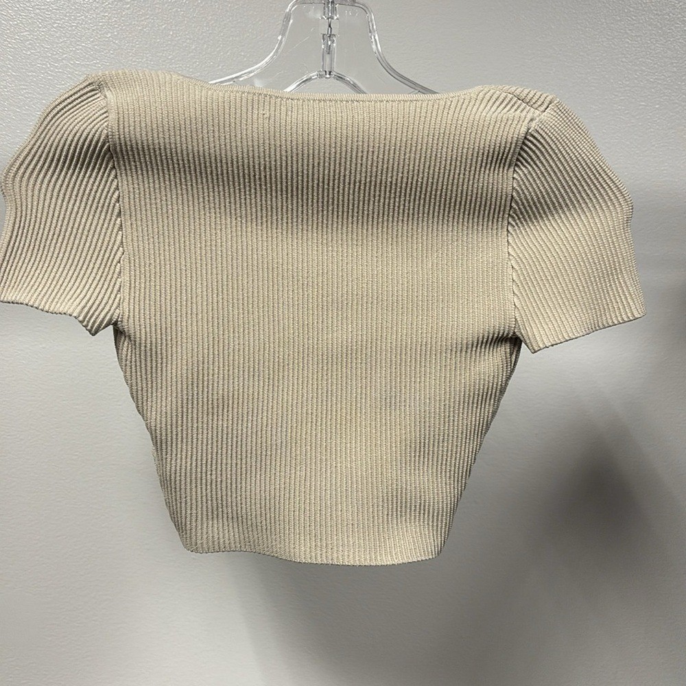 NWT Babaton Beige Wmns Sculpt Knit Squareneck Ribbed cropped top Xs matte pearl