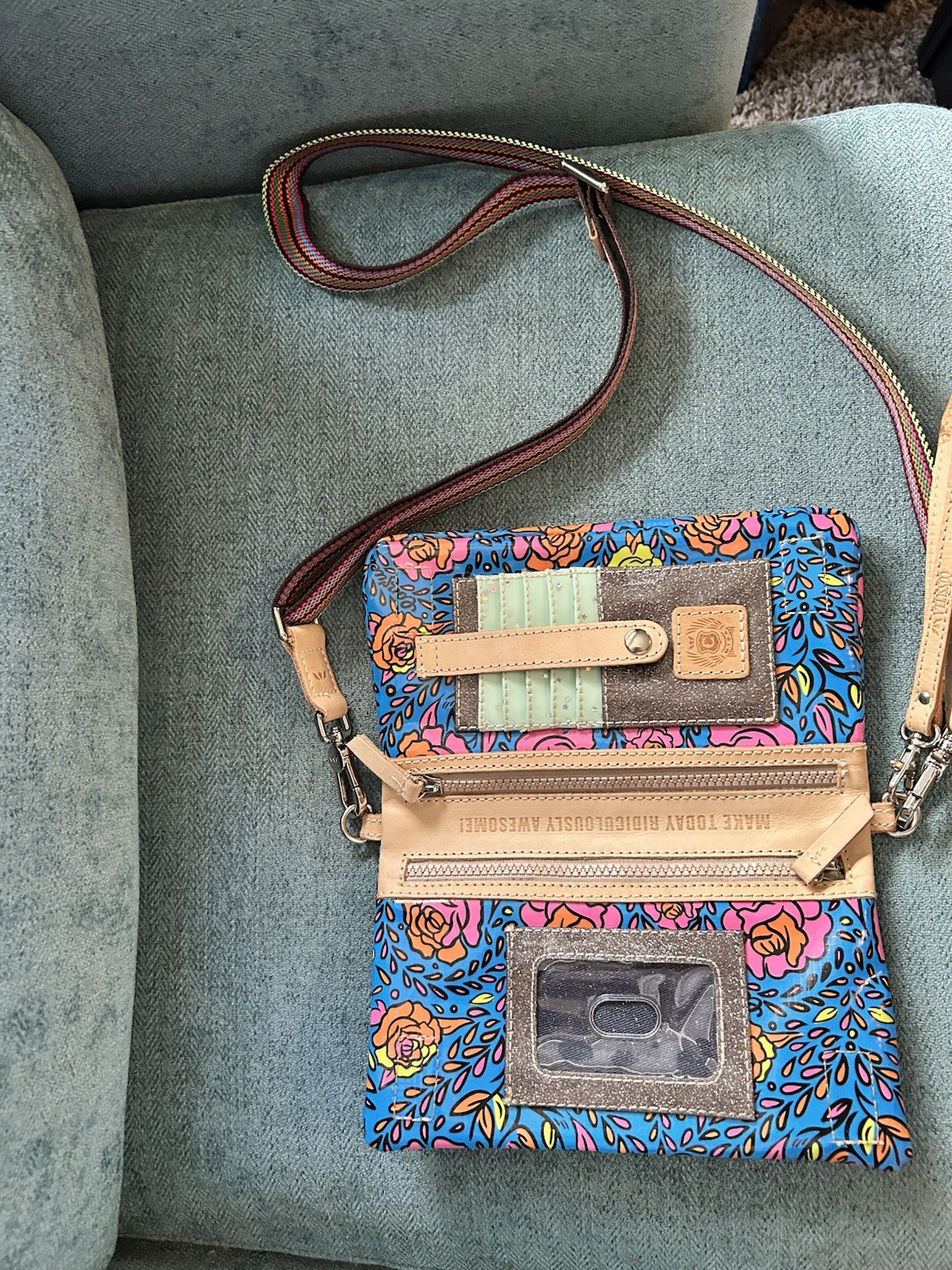 Consuela Blue Floral Crossbody Wristlet Wallet, Zip Closure, Card Slots