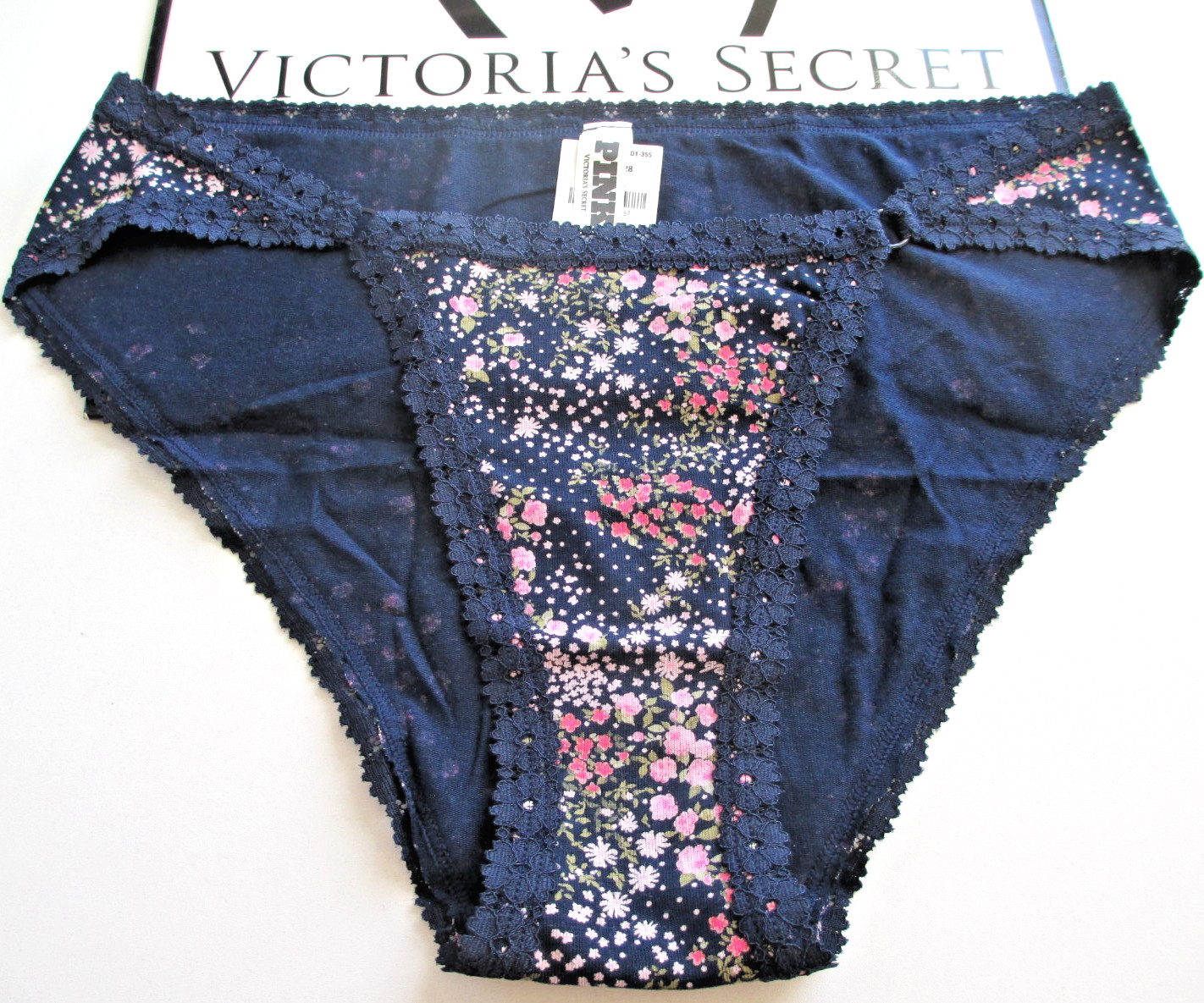 VICTORIA’S SECRET PINK Cotton Cheeky Panty S M L XL Floral Navy Blue Lace Trim