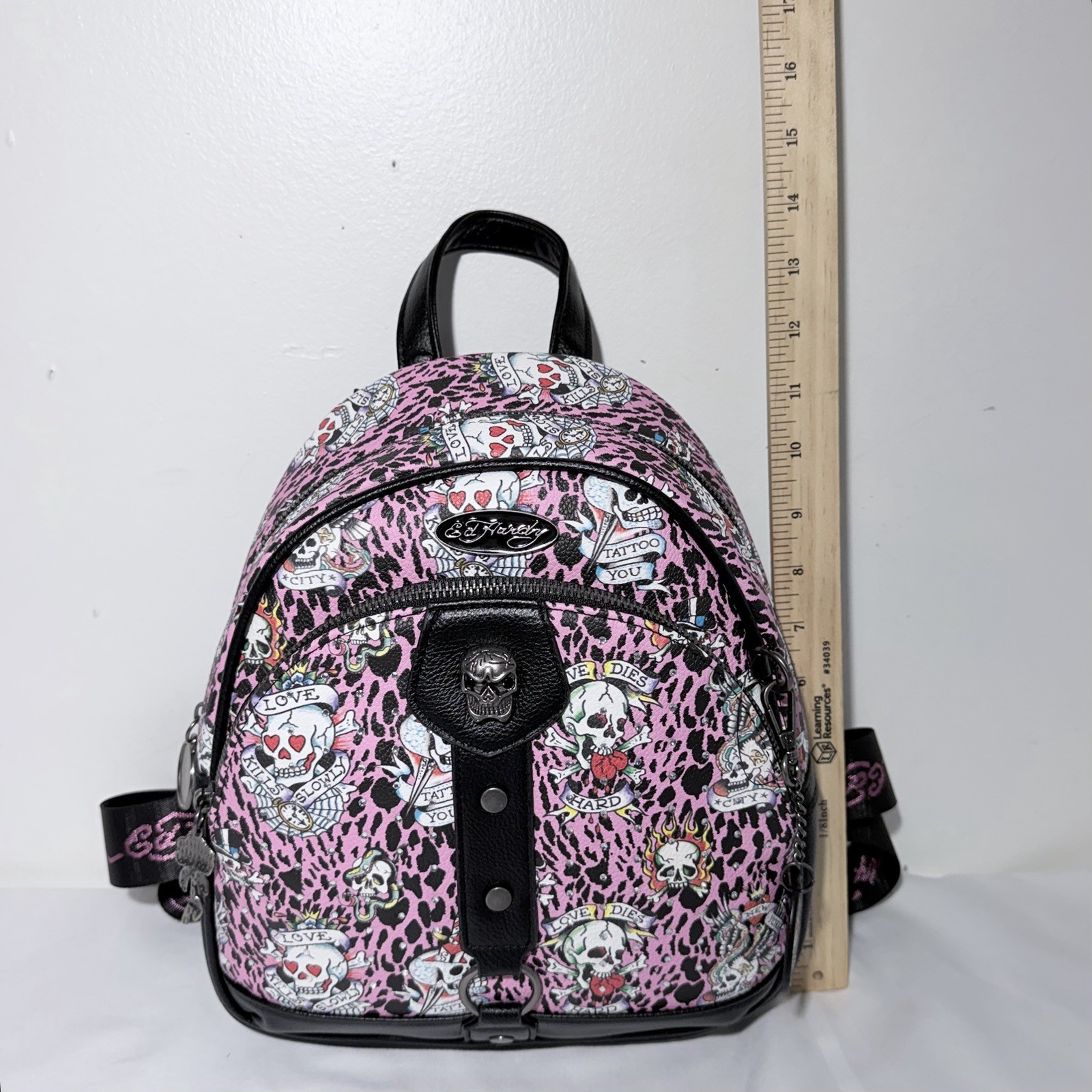 Ed Hardy Adjustable Pink Leopard Print Traditional Skulls Backpack Purse NWT