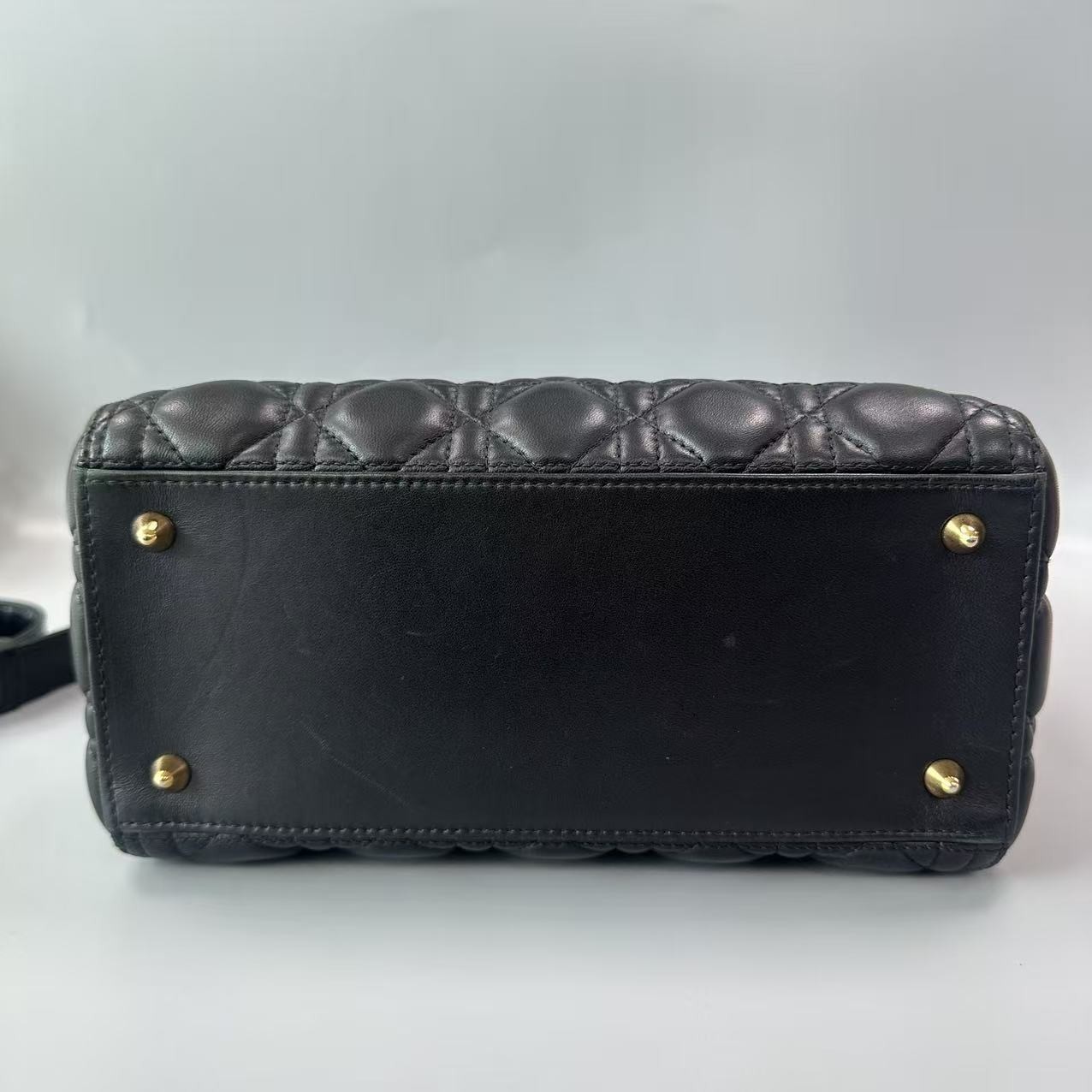 Auth Christian Dior Lady Dior Medium Black Lambskin Gold Hardware Handbag