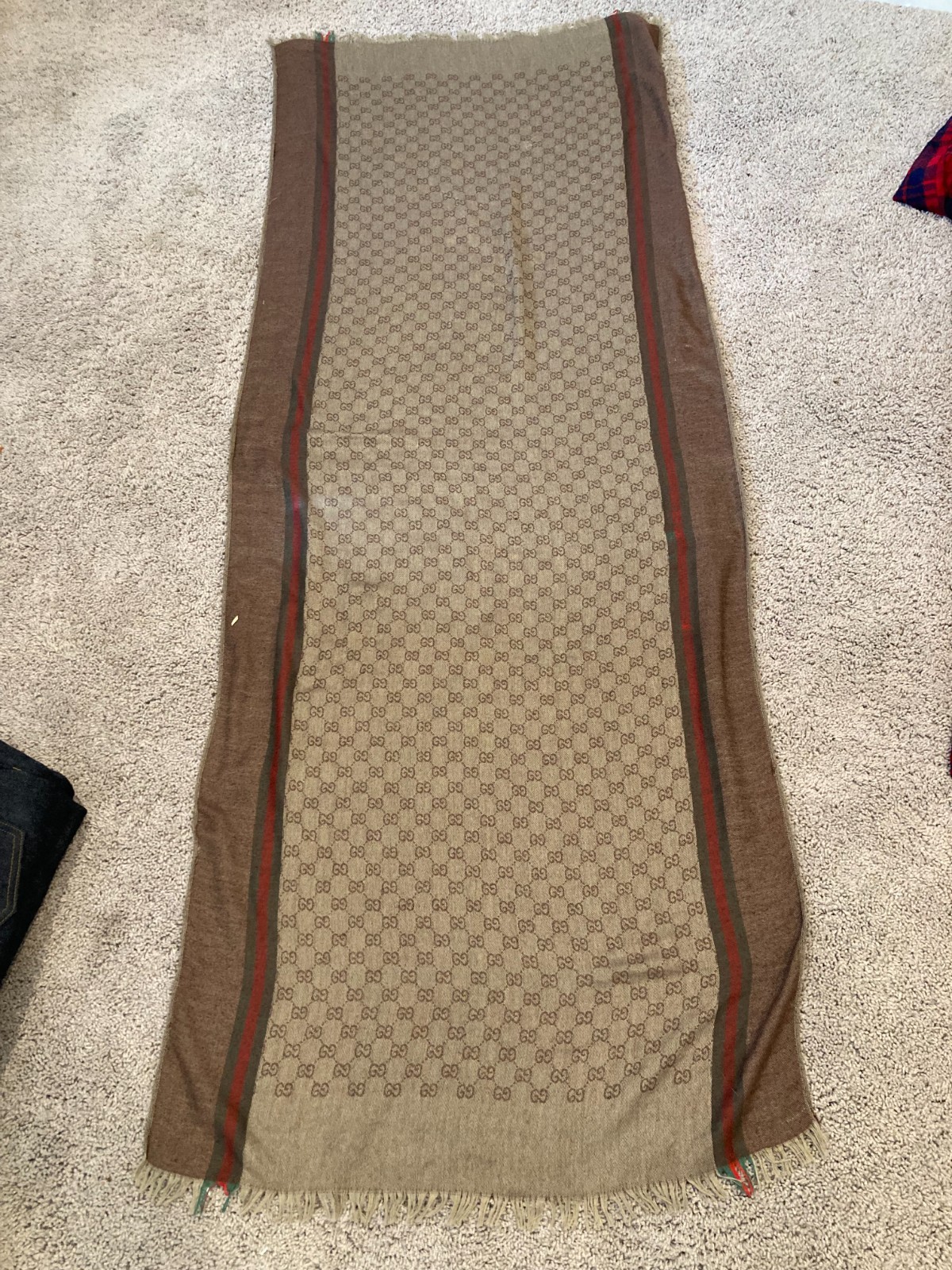 Authentic Gucci Monogram Scarf Wool Silk Blend Brown Beige Web Stripe 70″