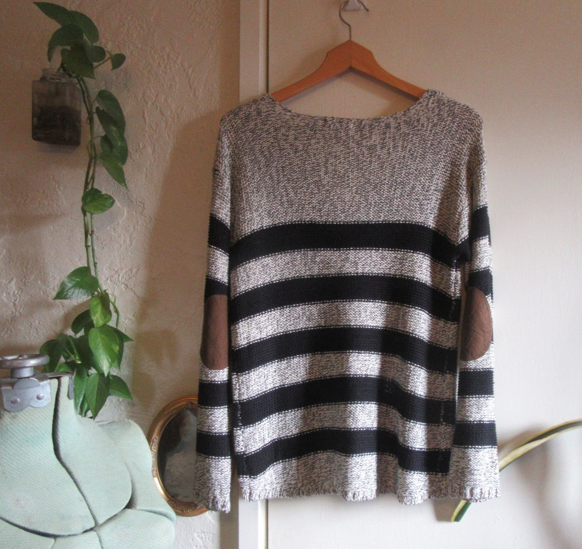 RDI White Black Striped Pullover Open Knit Elbow Pads Casual Preppy Sweater, S