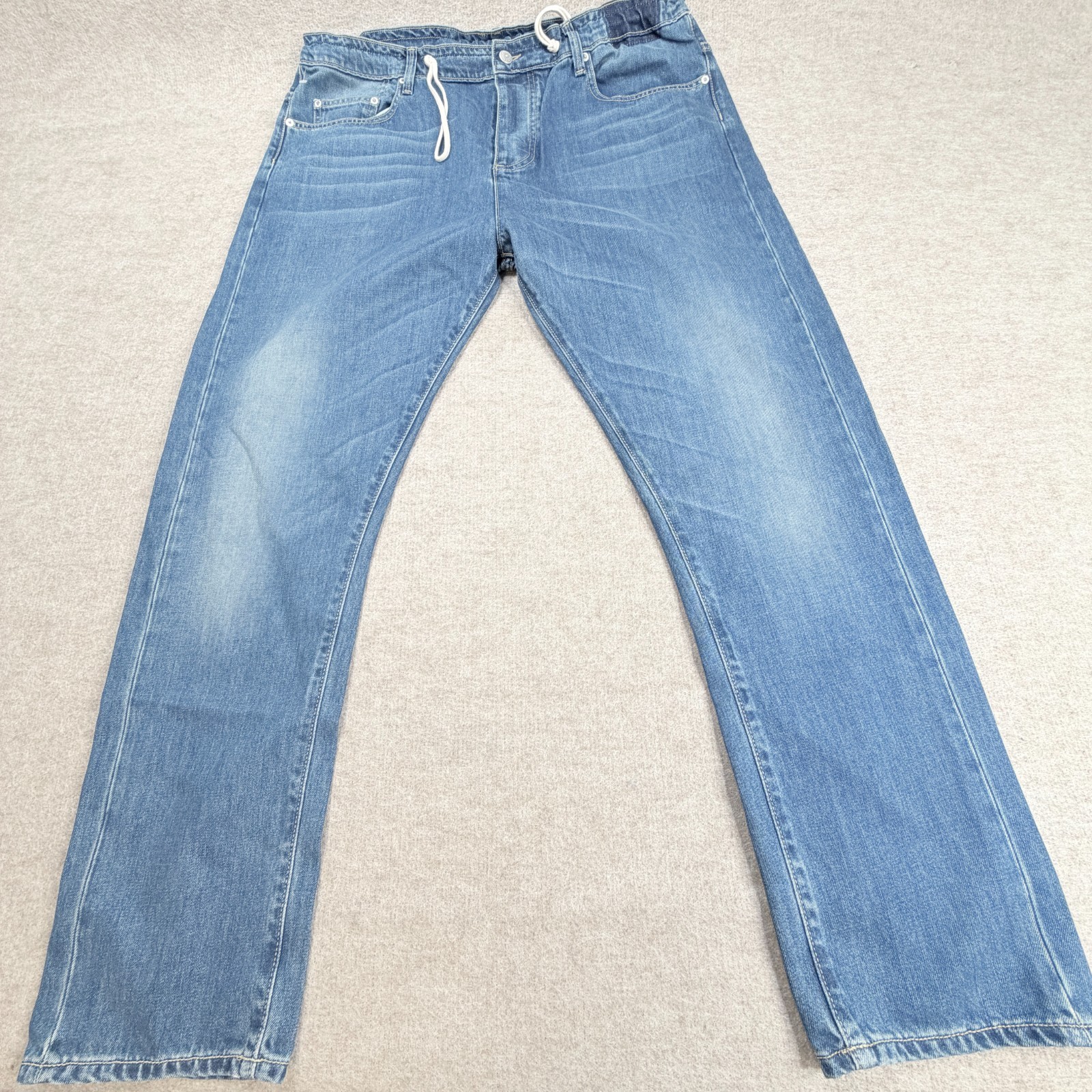 Edun Mens Jeans 34 x 29 Blue Button Fly Straight Waist Drawstring