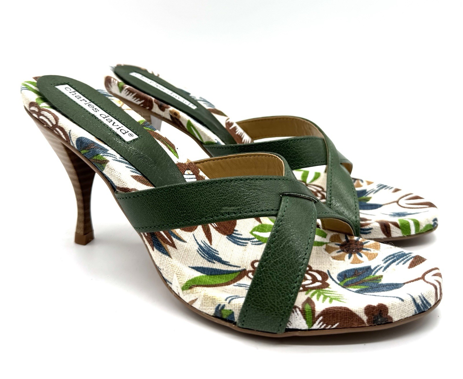 Vtg NEW Charles David Floral Strappy High Heel Sandals 8 Mule Leather Italy