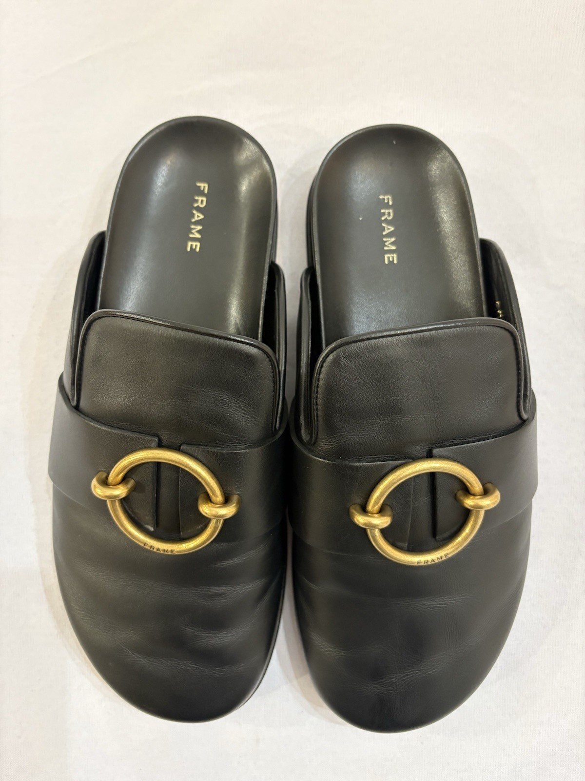 $398 FRAME Spain Le Aspen Black Leather Flats Mules Clogs Shoes Sz 38.5 EU 8 US