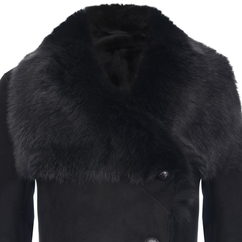 Ladies Warm Black Suede Merino Shearling Sheepskin Coat with Toscana Collar