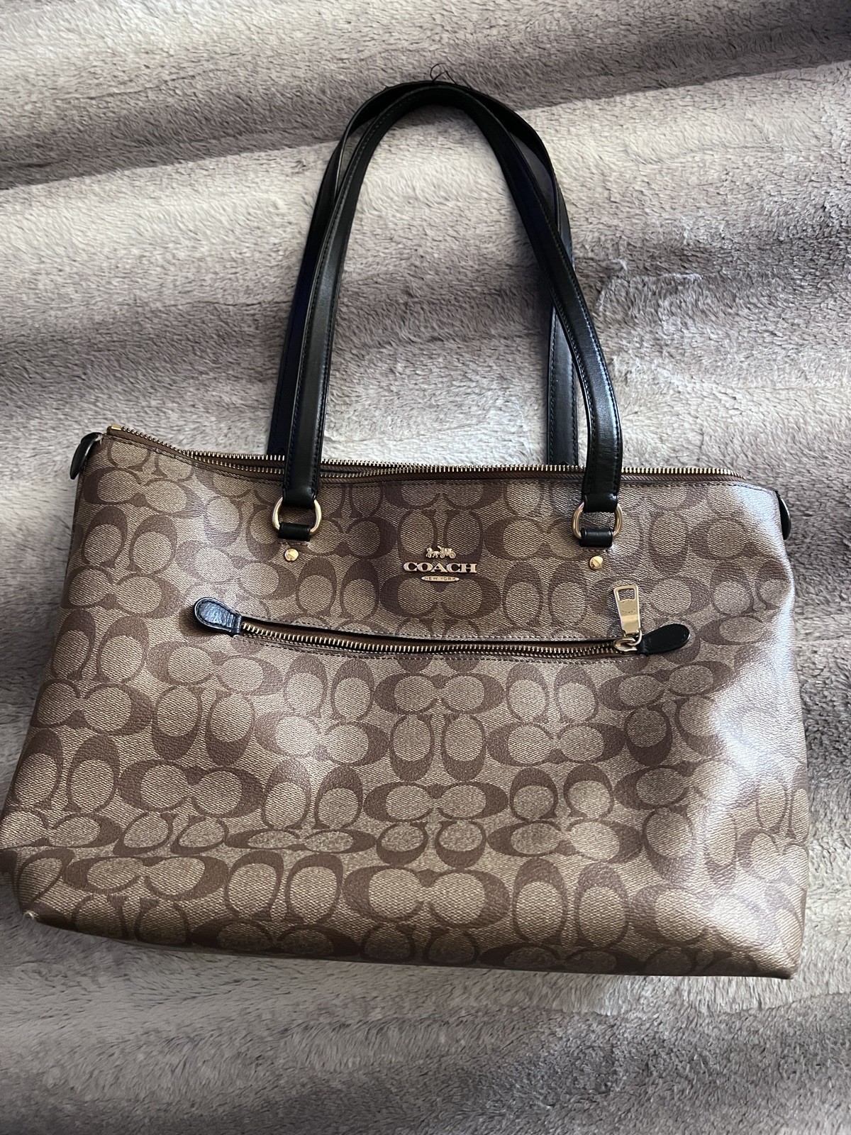 Coach F79609 Signature Tote Bag Brown Monogram Canvas Black Leather Handles