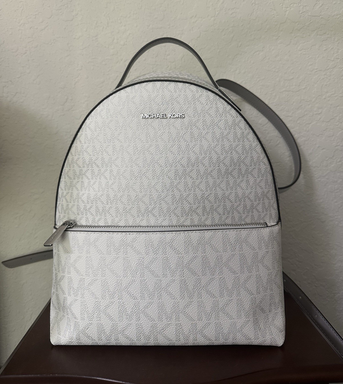 Michael Kors White Logo Small Backpack Zip Top Handle Adjustable Strap Silver