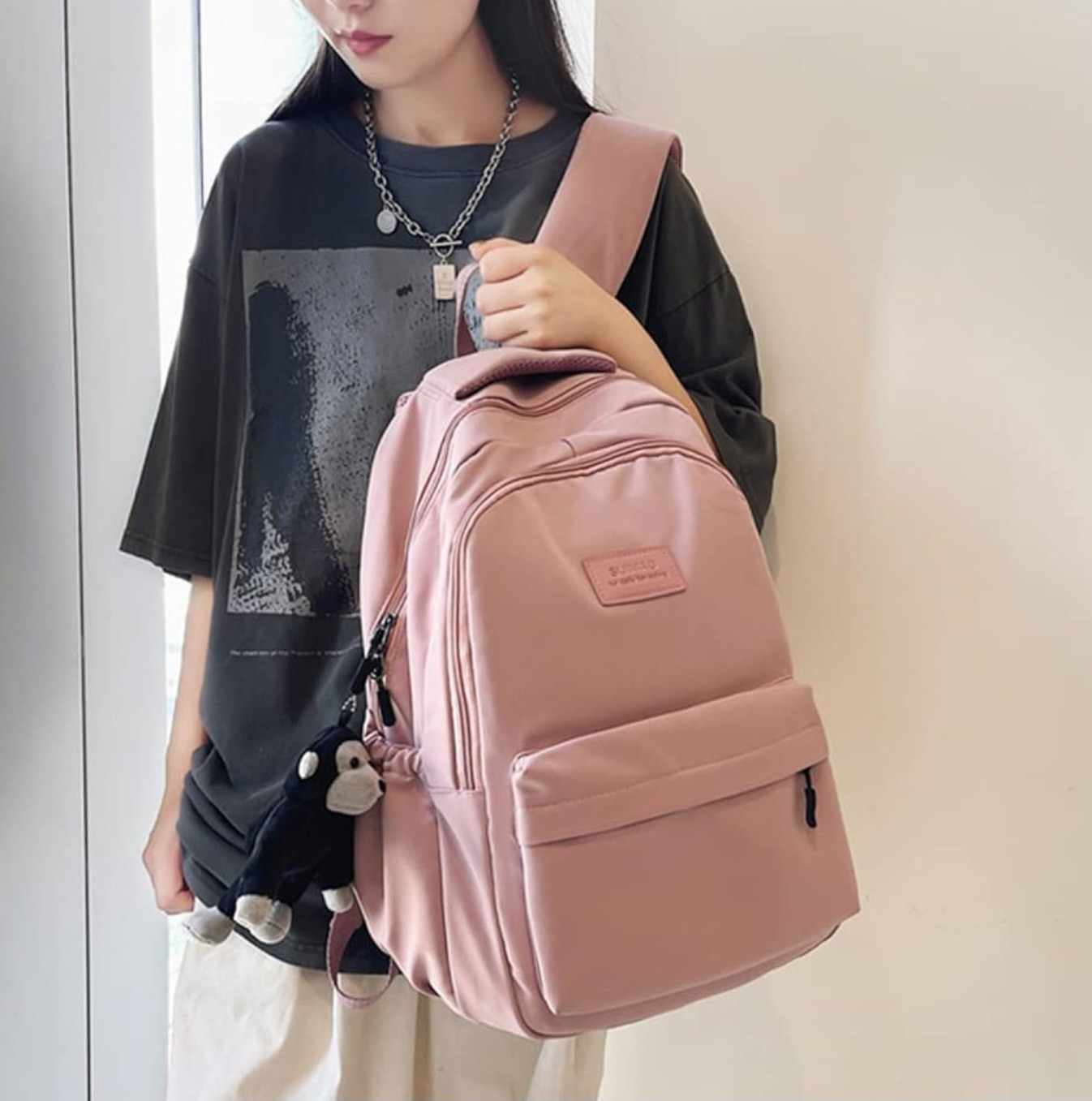 JARKIARD Pink Kids Backpack with Plush Monkey Keychain, Canvas, 17.7×12.6×5.1in