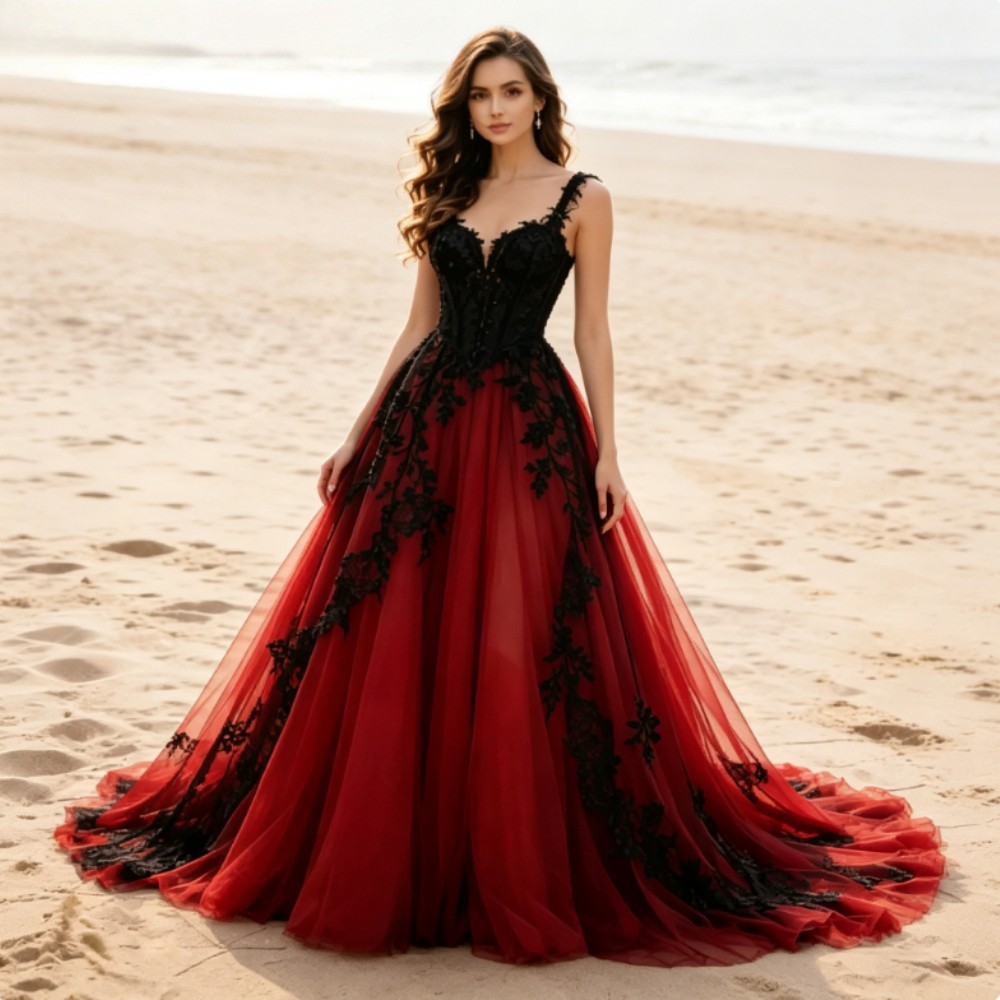 Retro Bohemian Black And Red Gothic Evening Dresses Vampire A Line Lace Applique