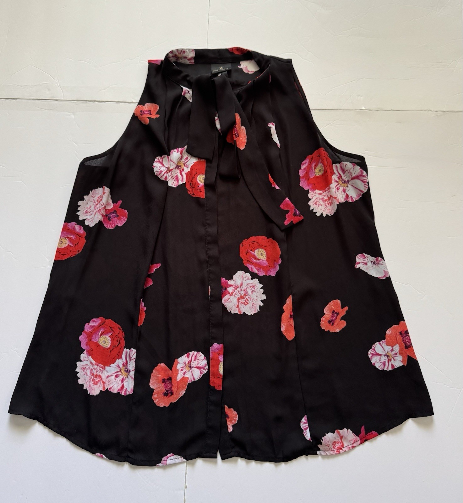 Worthington L Black Floral Tie Neck Sleeveless Blouse Poppy Peony Work Top Shirt