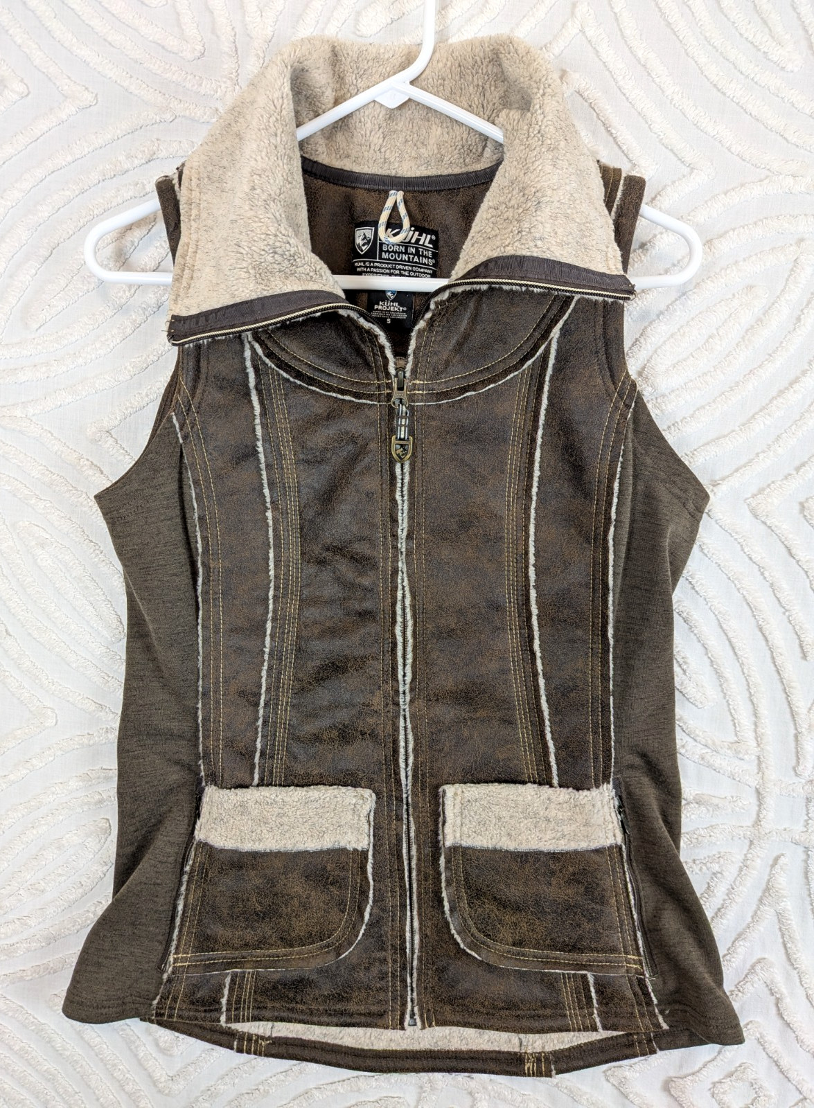 KUHL Projekt Dani Womens Small Faux Leather Sherpa Vest Gilet Brown Wool Blend