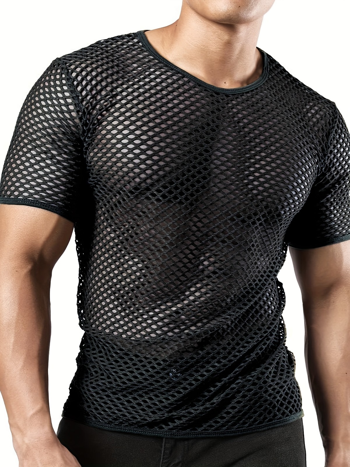 Mens’s Sheer Fishnet Short Sleeve Breathable Large Mesh Hole Top T-Shirts