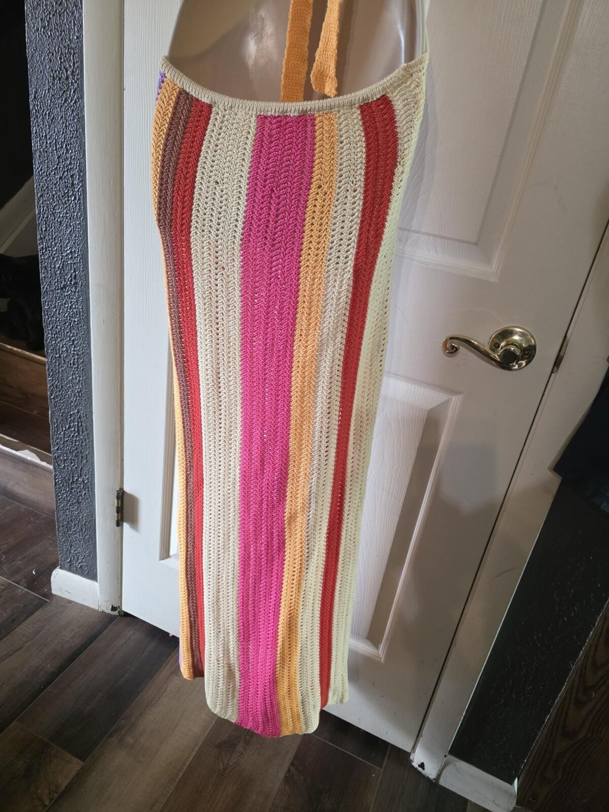 Source Unknown Pink Cream Orange Yellow Purple Striped Crochet Maxi Dress