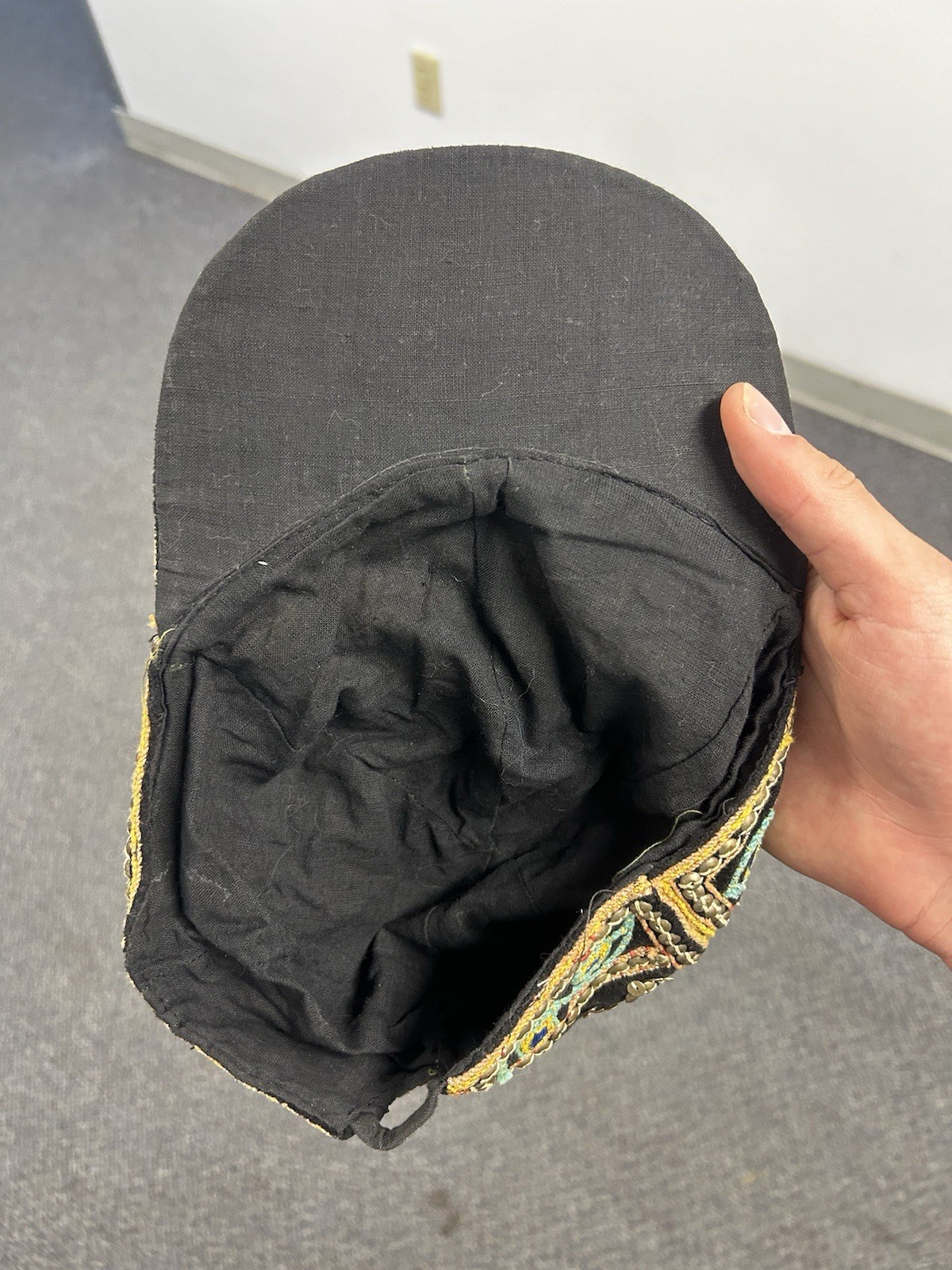 Vintage Myanmar Burma Beaded Embroidered Velvet Hand Made Cap Black & Gold
