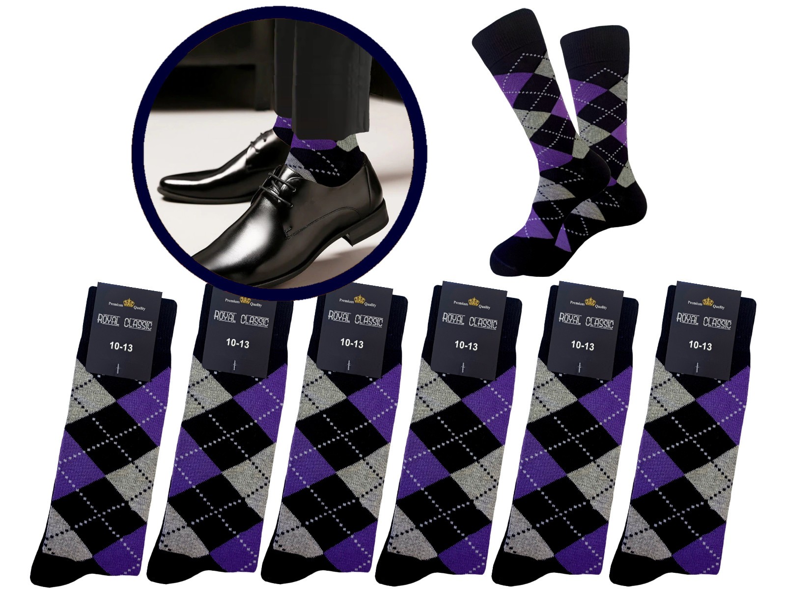 12-6-3-1 Dress Socks Argyle Diamond PURPLE Black Gray COTTON Socks TRUE TO SIZE