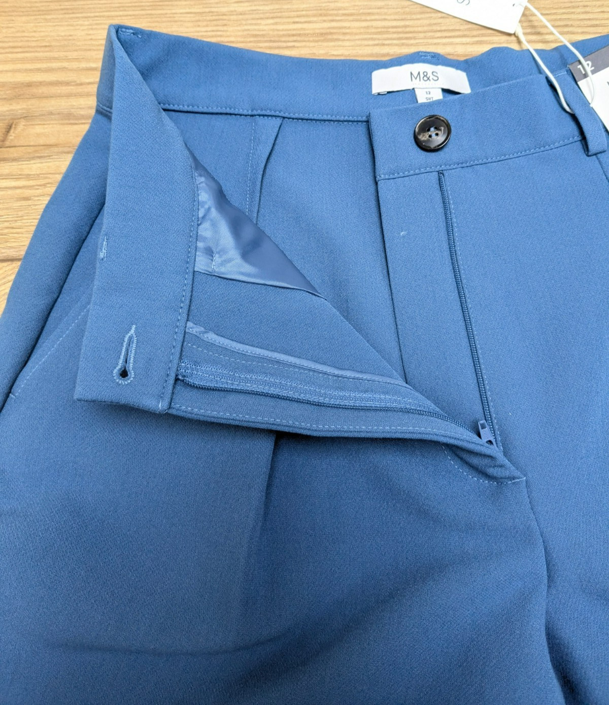 BNWT M&S BLUE Barrel Leg High Waist Pleated Smart TROUSERS UK 16 regular