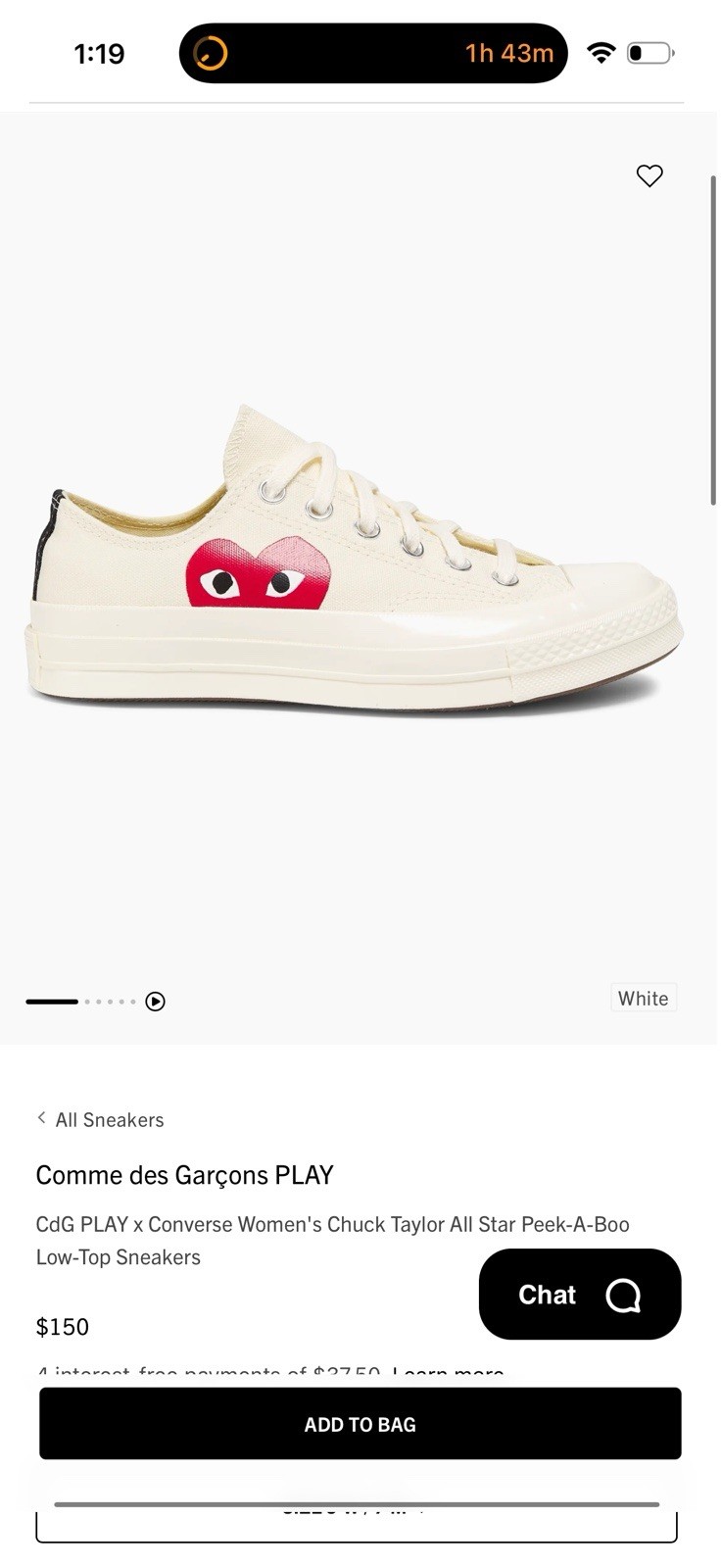 $150 Converse Comme des Garçons Play x Chuck 70 Low Multi Heart Red M-8.5,W-10.5